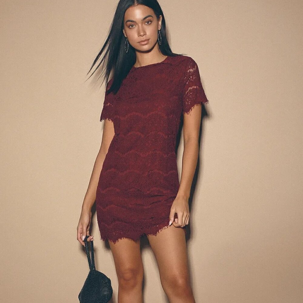 Lulu's Take Me to Brunch Lace Shift Mini Dress, Burgundy, Size Small